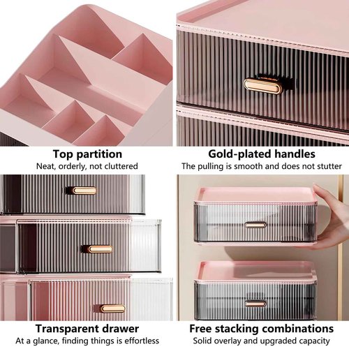 DASITON 6 Slots Makeup Brush Holder,Makeup Organizer,Makeup Brush Holder with 2 Drawers,Divided Makeup and Makeup Storage Holder,for Cosmetics(Pink-F1)