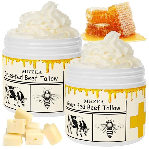 mkzea Beef Tallow for Skin, Beef Tallow, Tallow and Honey Cream, Grass Fed Beef Tallow, Whipped Beef Tallow for Face Moisturizer for All Purpose with Raw Honey Tallow Balm, 2 packs