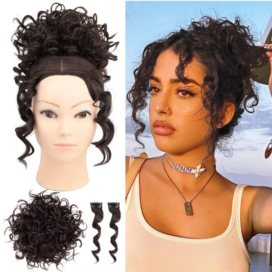 UAmy hair Loose Wave Curly Messy Bun Hairpiece with Bangs for Women Black Brown Elastic Drawstring Short Ponytail Extension with 2Pcs Front Side Bangs Fluffy Messy Hair Bun Synthetic Hairpieces