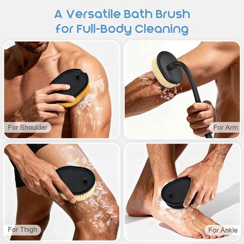 Flexible Up-Down Movement Back Scrubber for Shower for Men & Women, 3 Detachable Back Brush Heads Includes Silicone Body Scrubber, Sponge Bath Brush & Bristle Shower Brush, Wet/Dry Brush, Black