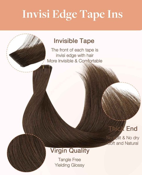 GOO GOO Invisi Edge Tape in Hair Extensions Human Hair, 4A Chocolate Brown, 6pcs 20inch 18g, Virgin Remy Hair, Seamless Injected Tape, Natural Look