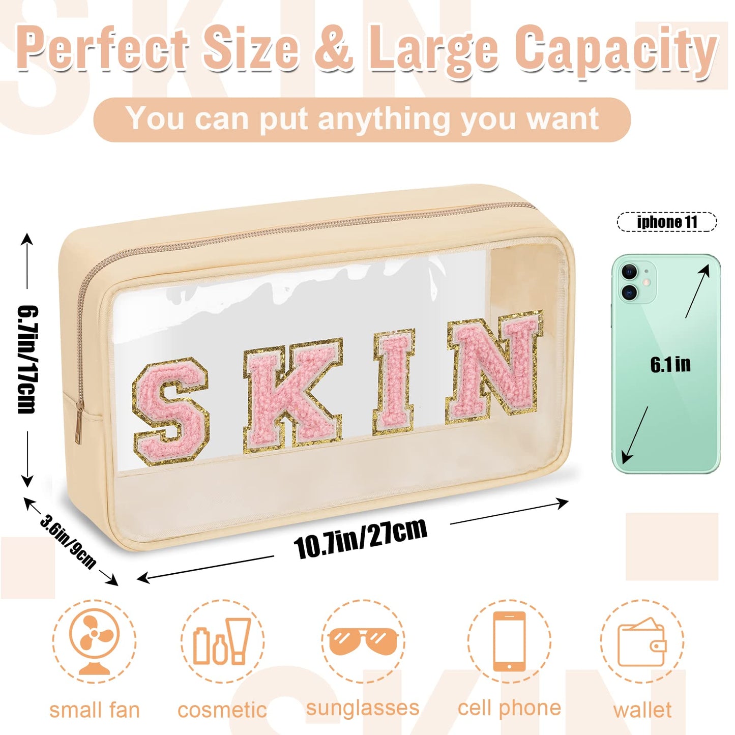 Chenille Letter Clear Makeup Bags Skin Pouch, Preppy Patch Makeup Bag with Zipper, Transparent PVC & Nylon Waterproof Portable Glitter Cosmetic Bag Travel Toiletry Storage for Women Girl(SKIN-Beige)