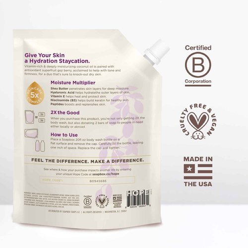 Soapbox Body Wash Refill, Coconut + Goji Berry Body Wash Refill Pack, Bulk Soap Pouch, Vegan + Antioxidant Rich Moisturizing with Shea Butter, Peptides & Keratin Promoting B3, 40oz