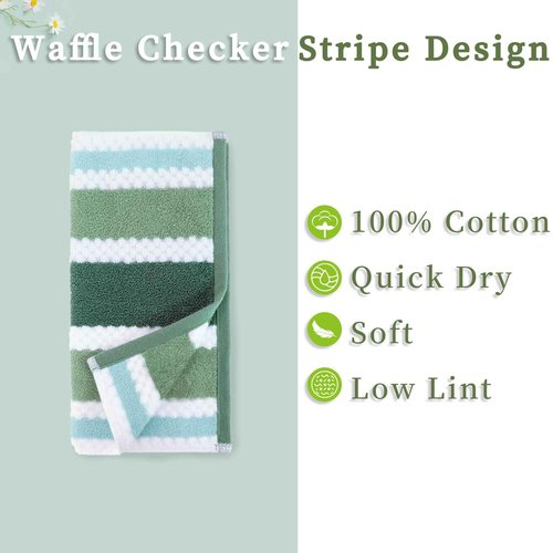 Green and White Washcloths (6PC, 13"x13") - 100% Cotton, Quick Dry, Thick&Absorb, Soft Washcloths for Bathroom & Showering, Striped Wash Cloths for Face & Body, Green Stripe and White Waffle/Checkered
