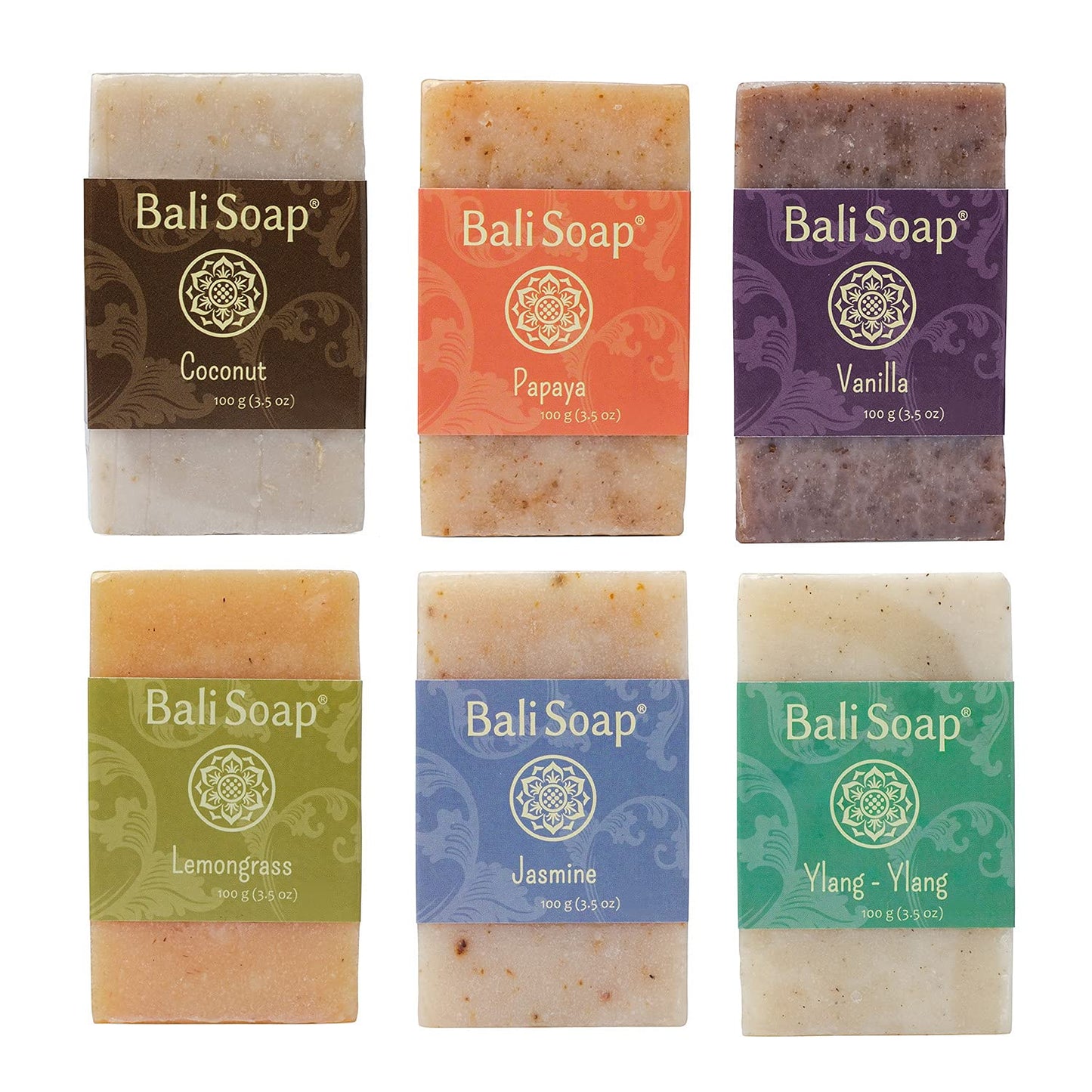 Bali Soap - Green Collection - Natural Soap Bar Gift Set, Face Soap or Body Soap, 6 pc Variety Soap Pack (Coconut, Papaya, Vanilla, Lemongrass, Jasmine, Ylang-Ylang) 3.5 Oz each