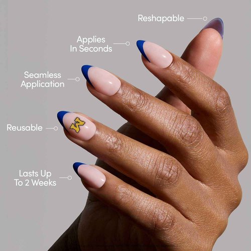 Glamnetic x Fanatics Press On Nails - Michigan Wolverines | Short Almond Fake Nails, Collegiate Wolverines Blue French Tips, College Nails, Salon-Quality | 15 Sizes - 30 Nail Kit with Glue