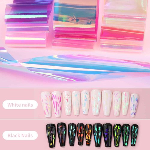 Kikonoke Aurora Glass Paper Nail Art Sticker 10 Sheets Gradient Laser Broken Glass Paper Nail Decals Reflective Mirror Design Cellophane Nail Supplies for Girls Women DIY Nail Art Decoration
