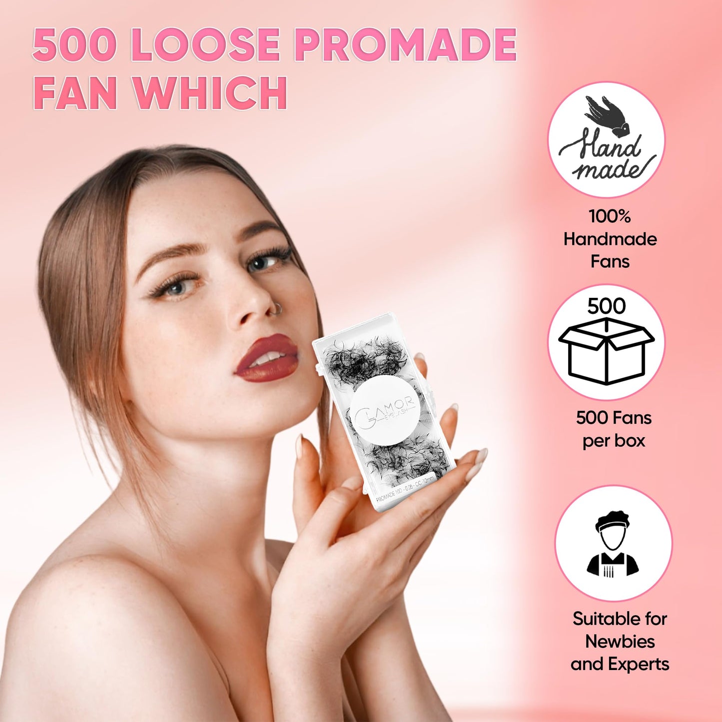 GLAMOREYELASH 500 Promade Volume Fans Loose Eyelash Extension, Handmade Individual Lashes Loose Fan 3D-16D, 0.03/0.05/0.07mm Thickness, C CC D Curl for Mink Lashes, 8-16mm Length (6D-0.07-C, 14mm)