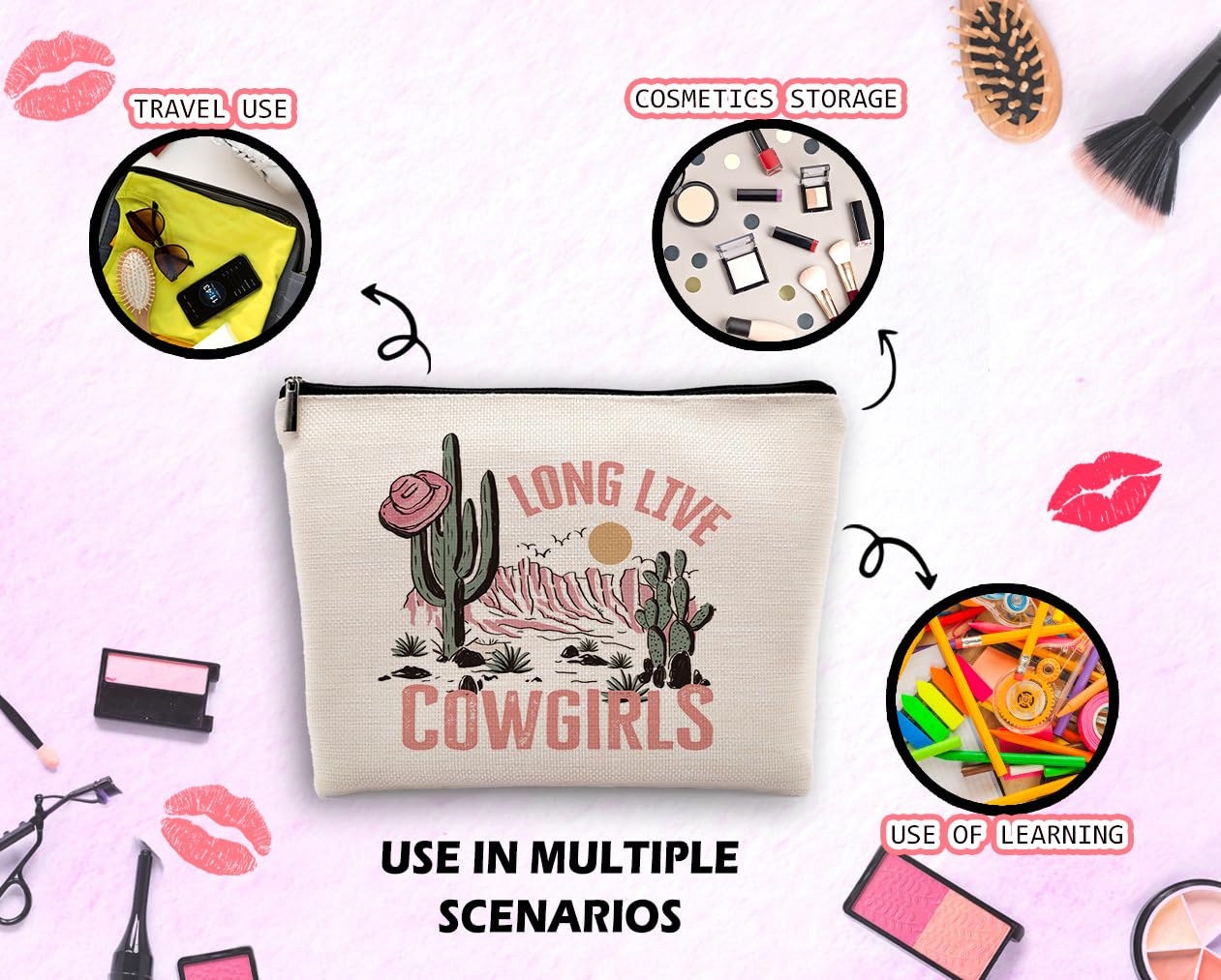 Dwept Long Live Cowgirls Cosmetic Bag, Pink Retro Western Cowgirl Hat Desert Cactus Makeup Bag Zipper Cosmetic Pouch Bag Travel Linen Makeup Organizer, Preppy Gifts for Teen Girls Women Cowgirls