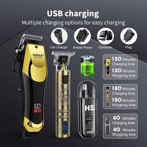 HIENA PRO Professional Hair Clippers & Cordless Barber Clippers for Men, Rechargeable Trimmer Set and Facial Grooming Tool Kit, Ear, Nose Hair Trimmer Set, Gifts for Men