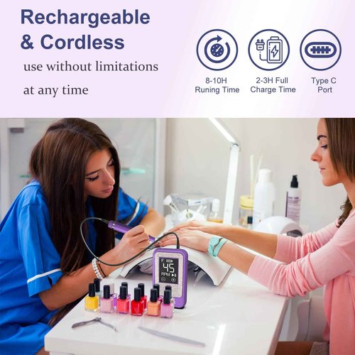 Professional Nail Drill Cordless 45000 RPM, Meremit Electric Nail File with Diamond Decoration, 12Pcs Drill Bits, Large LCD Screen, Rechargeable Electric Nail Machine Drill for Acrylic Gel Nail Polish