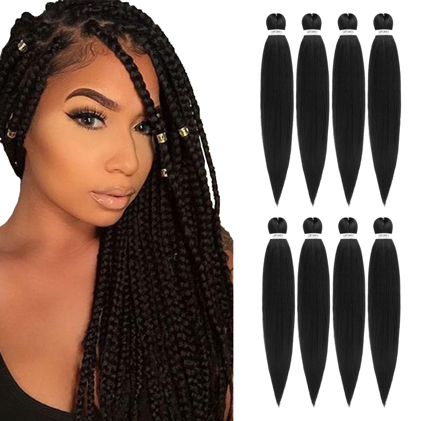 DIFUNEE Pre-stretched Braiding Hair - 20 Inch 8 Packs Natural Black Long Braiding Hair For Twist or Box Braids, Yaki Texture Hot Water Setting Synthetic Braiding Hair Extensions (20 Inch, 1B-8P)