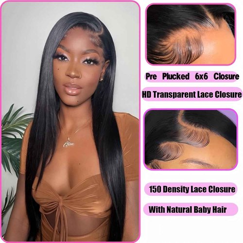6x6 HD Lace Closure Only 0.10 mm Ultra-thin Free Part 150% Density 12A Grade HD Lace Closure Straight Human Hair Virgin Brazilian Human Hair Invisible Clear (16 Inch)