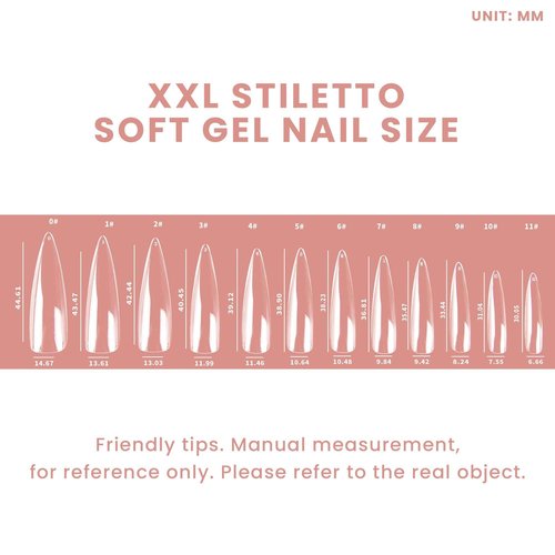 Allkem Soft Gel Nail Tips - XXL Stiletto Nail Extensions with Refill Bag - 12 Sizes Extra Extra Long Full Cover Nails - Clear (504 Pieces)