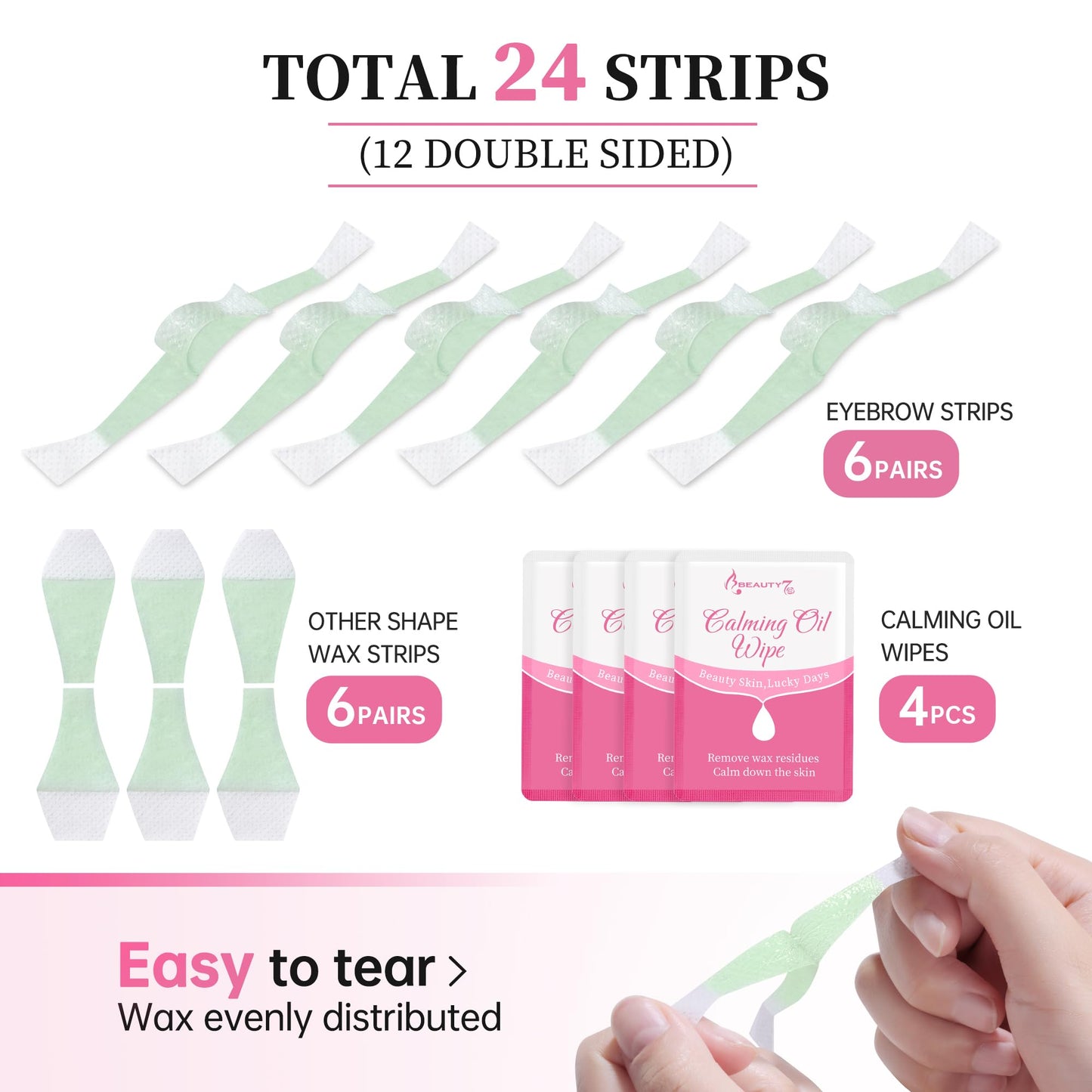 Beauty7 Facial Wax Strips Hair Removal Eyebrow Wax Strips Kit Fit Wax Strips Eyebrow Shaper at Home Waxing 24 Strips 4 Calming Oil Wipes for Sensitive All Skin Types for Women