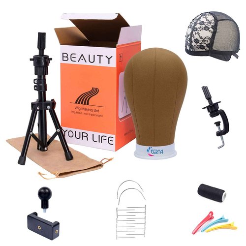 EERYA Wig Stand - 22 Inch Brown Wig Head Stand with Mannequin Head, Tripod for Styling, Displaying Wigs