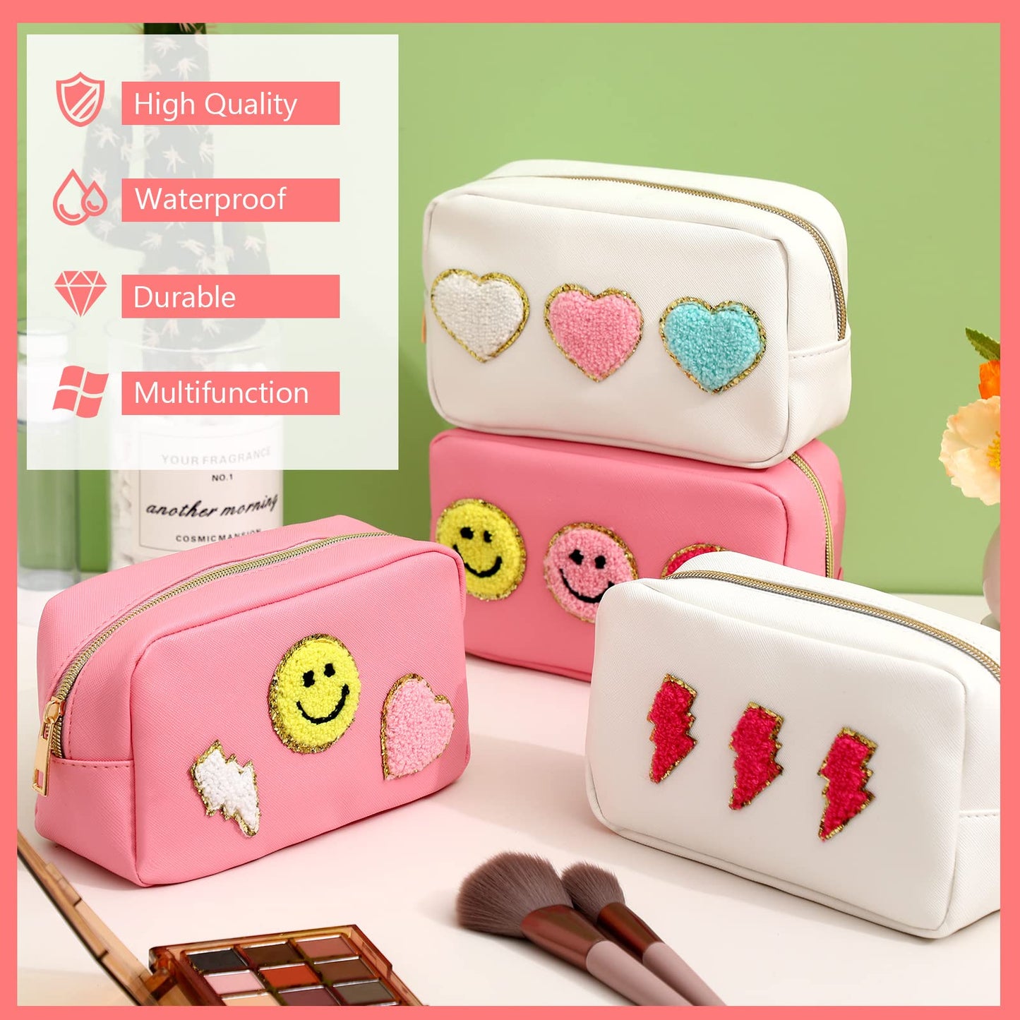 Sanwuta 4 Pcs Chenille Bag Preppy Patch Makeup Bag Cosmetic Bag Chenille Letters Toiletry Bag PU Leather Waterproof Portable Pouch Travel Organizer (White, Pink, Cute Style)