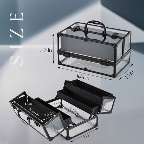 FRENESSA Portable Makeup Case Cosmetics Display Toiletry Organizer Box Transparent Acrylic Artists Train Case with 4 Trays Travel Makeup Tools Storage for Vanity Counter Dresser Organizer Black