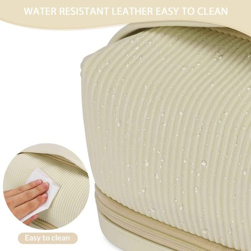 Large Capacity Travel Cosmetic Bag for Women, Girls, Leather Double Layer Portable Makeup Bag with Brush Compartment for Travel Bathroom Beige