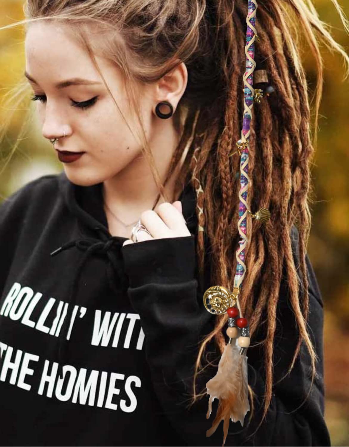 Nutty Natte 2 PCS Hippie Hair Extension Dreadlocks Hairclip Feather Beads Pendant Dread Wrap Hair Fall Hair Wrap Colorful Accessories for Dreads Braids Curls