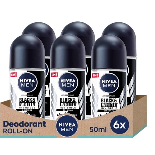 Nivea BLACK WHITE ORIGINAL, ROLL-ON – FREE ALCOHOL, ANTIPERSPIRANT DEODORANT, 48 HOURS PROTECTION, 1.7 OZ (Pack of 6), 50.0 milliliters
