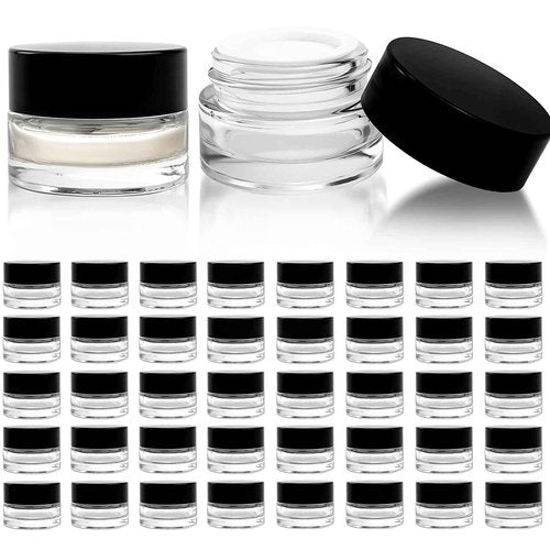 Seuqhck 90 Pack 5ml Small Clear Jars with Black Lids, Empty Glass Cosmetic Containers with Liners Round Bulk Airtight Cream Bottle for Beauty Product Samples, Travel, Storing Lotions, Essences