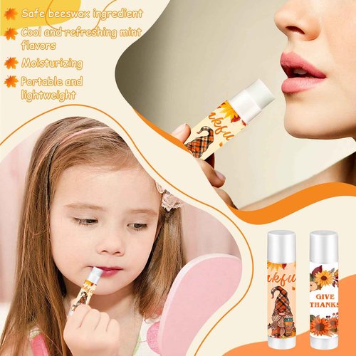 QAUYETM 50 Set Thanksgiving Gifts Lip Balms Bulk Fall Party Favors 6 Assorted Flavors with Cards Autumn Pumpkin Maple Leaf Chapstick Thanksgiving Gifts for Women Men Coworkers