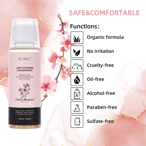 ACTROL Eyelash Shampoo Concentrate 100ml Lash Extensions Cleanser Concentrate Cherry Blossom Natural Foaming Shampoo DIY Wash for Extensions Lashes with Salon Home Care-Makes 60ml Bottles