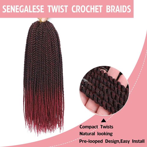 Senegalese Twist Crochet Hair-8 Packs 18 Inch Two Tone Senegalese Twist Crochet Braids For Women Human Hair,Black/Burgundy Pre Looped Crochet Braids, Synthetic Twist Crochet Hair (18in,TBug#)