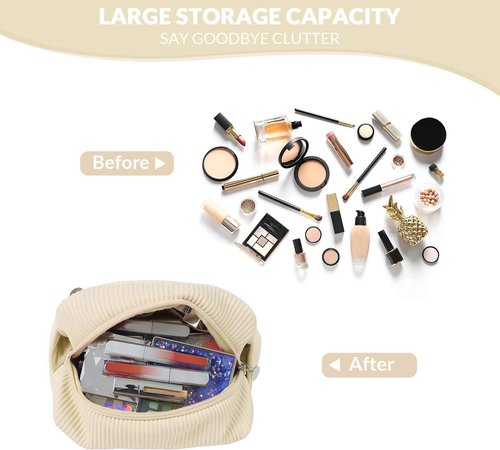 Large Capacity Travel Cosmetic Bag for Women, Girls, Leather Double Layer Portable Makeup Bag with Brush Compartment for Travel Bathroom Beige