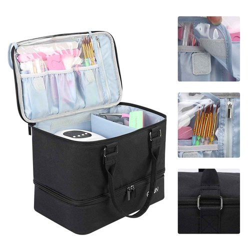GR69N Nail Polish Organizer Bag,Double Layer Nail Polish Storage Fits a Nail Lamp and 40 Bottles,Great Size Nail Storage Organizer For Nail Drill,Nail Supplies Set (Bag Only)-Black