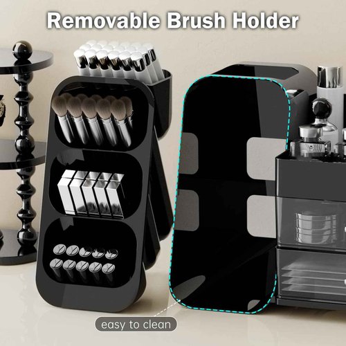 UFORU Makeup Organizer for Vanity with Brush Holder, Countertop Skincare Organizer with 2 Drawers, Spacious Cosmetic Display Case for Perfumes, Cologne, Shaving Lotion