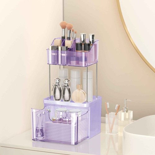 DOADW Small Makeup Organizer with Drawer - 3 Tier Bathroom Organizer Countertop - Multi-Purpose Skin Care for Vanity, Cosmetic Counter Organizer (Purple)
