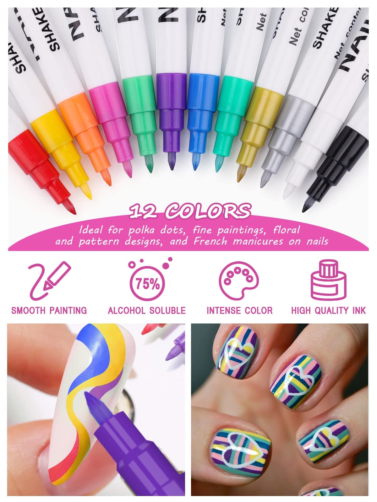 12 Color 3D Nail Art Pens Set, Kalolary Nail Polish Pens Nail Point Graffiti Dotting Pen Drawing Painting Liner Brush for DIY Nail Art Beauty Adorn Manicure Tools(A)