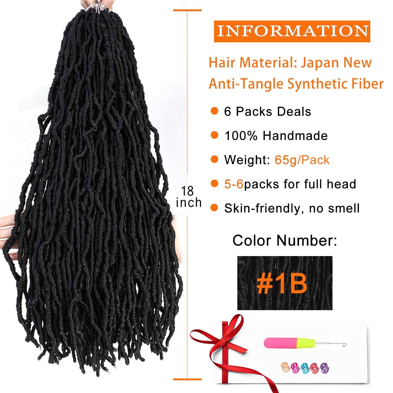 Soft Locs Crochet Hair 18 Inch 6 Packs Natural Black Faux Locs Crochet Hair Pre Looped Knotless Style Natural Curly Wavy Hair No odor, Skin Friendly, Bouncy (18 Inch, 6 Pack, 1B#)