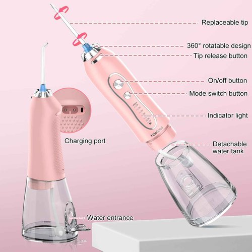 Water Dental Flosser Teeth Cleaner Pick, H2ofloss Cordless Portable Oral Irrigator,5 Mode IPX7 Waterproof Teeth Picks 300ML Rechargeable WaterFlosser for Home Travel (Pink)