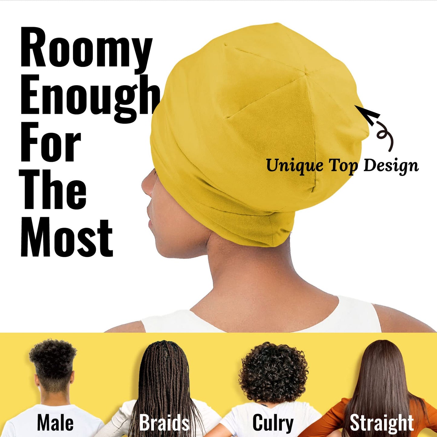 Satin Lined Sleep Cap Bonnet for Curly Hair and Braids, Stay On All Night Hair Wrap with Adjustable Strap for Women and Men, Yellow, Pack of 1