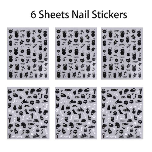 6 Sheets Black Cat Nail Art Stickers Cute Animal Nail Stickers for Nail Art 3D Self-Adhesive Nail Decals Cute Funny Black Cat Sticker Design Holiday Nail Supplies for Women