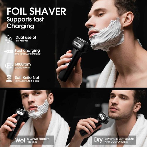 DSP Electric Shavers for Men, IPX6 Waterproof, Type-C, Rechargeable Shaver, 4-Blade Cutting System, Electric Foil Shaver, Travel Lock (Black)