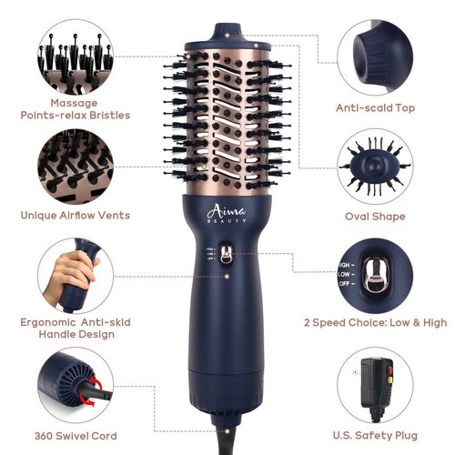 Aima Beauty Worldwide Travel Hair Dryer Brush 110-240V Dual Voltage Blow Dryer Brush Hot Air Brush Oval Barrel 360° Hot Airflow, Negative Ionic Frizz-Free Dry/Straightening/Voluming,Prussian Blue