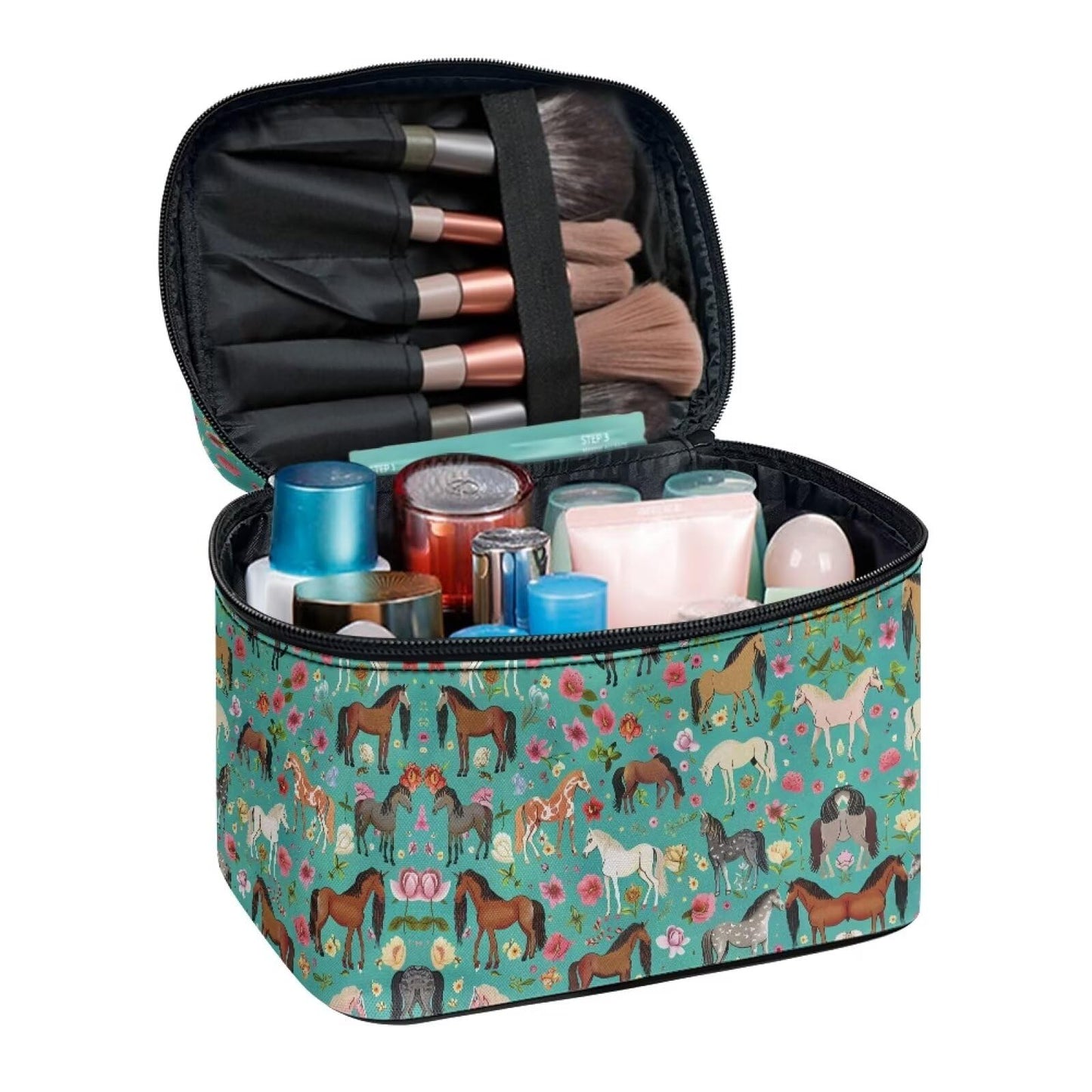 Flashideas Green Shredded Horse Cosmetic Pouch Cosmetic Organizer Storage Case Makeup Organizer Bag for Travel Easy to Take with Handle for Jewelry, Lipstick, Cosmetic Box