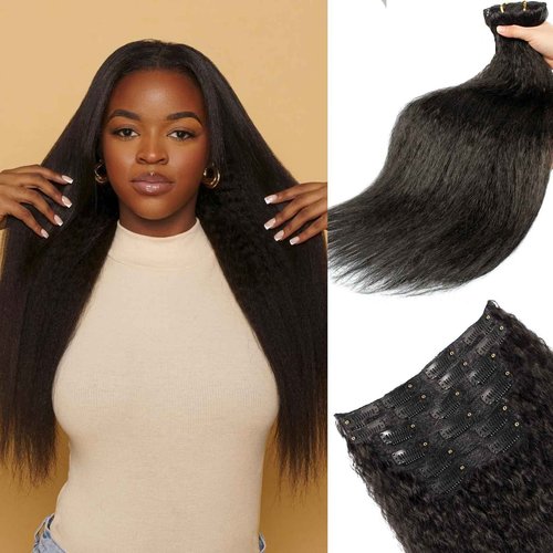 HAFTALUV Kinky Straight Clip in Hair Extensions 130g 6Pcs Protein Fiber Close to Human Hair Clip in for Black Women Full Head Double Weft 20inch #4