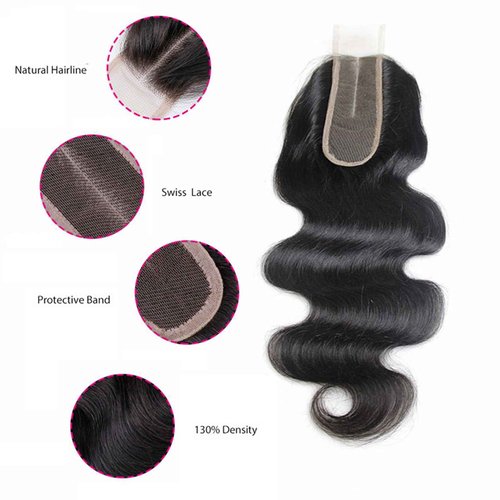 2x6 Hd Lace Closure Body Wave Brazilian Human Hair Skin-Like Invisible Lace Frontal Remy Virgin Hair Extensions Pre Plucked Hairline Single Smal Knots 130% Density Weave 16 Inch