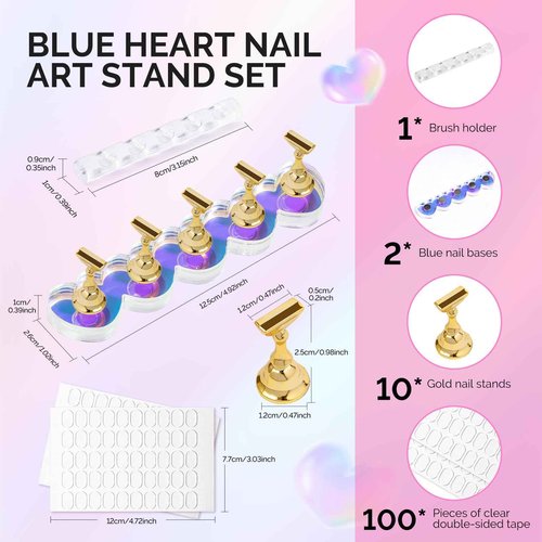 MelodySusie Nail Stand for Press Ons, Blue Heart Shape Magnetic Base for Practice Display Tips with Brush Holder and 100 Pcs Reusable Double-Sided Tape for Home DIY Salon Supplies