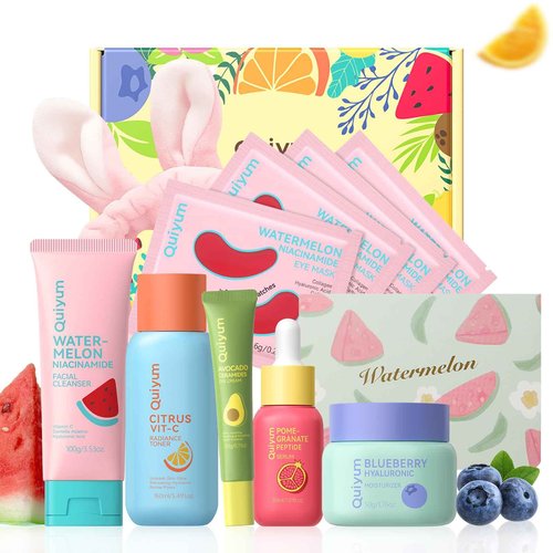 QUIYUM Early Anti-Aging Skincare Set, for Light Mature Skin, 6-Piece Natural Fruit Kit with Peptide, Vitamin C & Ceramide - Reduces Fine Lines & Dull Skin, Birthday Gifts for Women, Christmas Gift