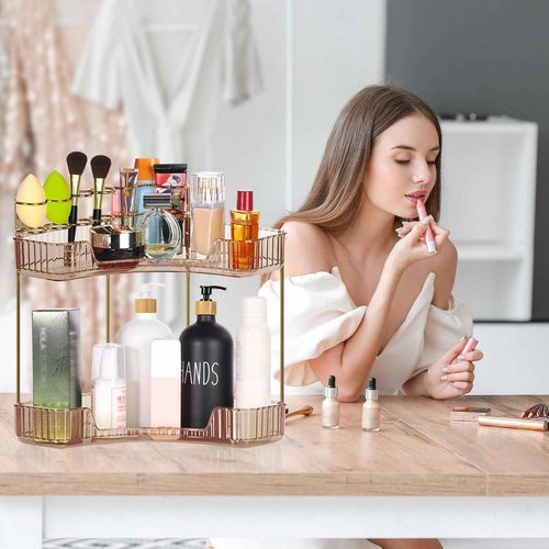 Cosmetic Display Cases Makeup Organizer: Corner Vanity Makeup Shelf Holder Multi-Function Bathroom Display box Cosmetic Storage Holder for Dresser,Fits Cosmetics, Perfume, Skincare(2-Tier,Amber Gold)