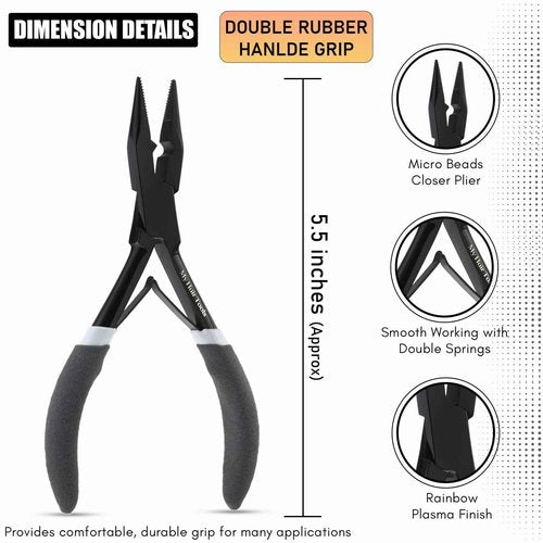 My Hair Tools Hair Extension Tools Kit Includes Micro Beads Remover & Crimping Pliers set, Stainless Steel Micro Rings Pulling Hook & Loop Tool Packed in Soft Case (Black with Rubber Grip)