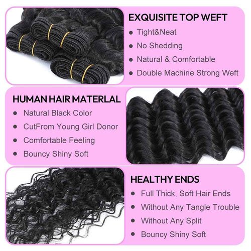 Deep Wave Human Hair Bundles 14 Inch Deep Wave Bundles 100% Unprocessed Brazilian Virgin Hair 1 Bundles Curly Bundles Hair Extensions Real Human Hair Wavy Quick Weave Bundles Natural Black