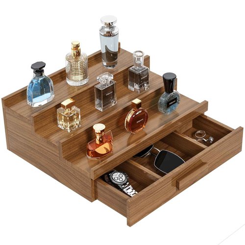 Hrbjunuo Walnut Wood Cologne Organizer for Men 3 Tier Cologne Stand,Cologne Display Shelf with Drawer Storage,Perfume Stand Organizer Perfume Display Holder Great Gift for Men Father Christmas