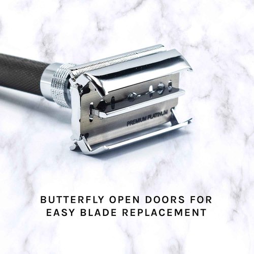 Parker, 96R Graphite Gray Long Handle Butterfly Open Double Edge Safety Razor for Men, 5 Parker Premium Platinum Double Edge Razor Blades Included